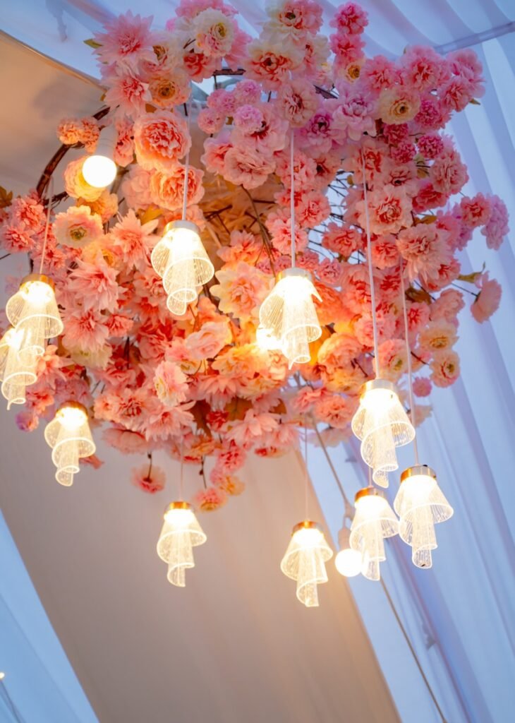 Hanging floral arrangement with delicate lights