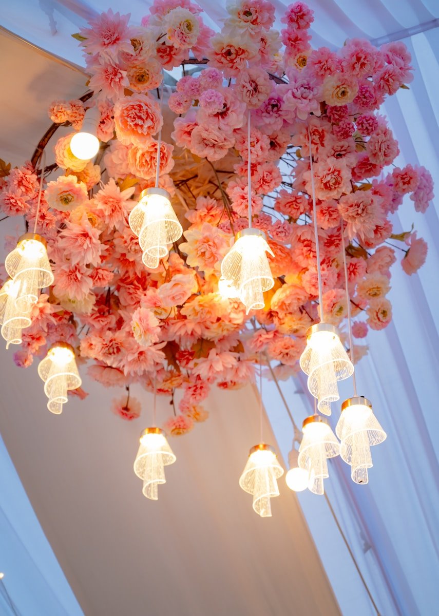 Hanging floral arrangement with delicate lights