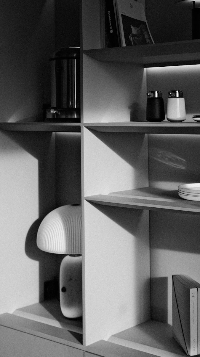 Shelves with a lamp, trash can, and salt shakers.