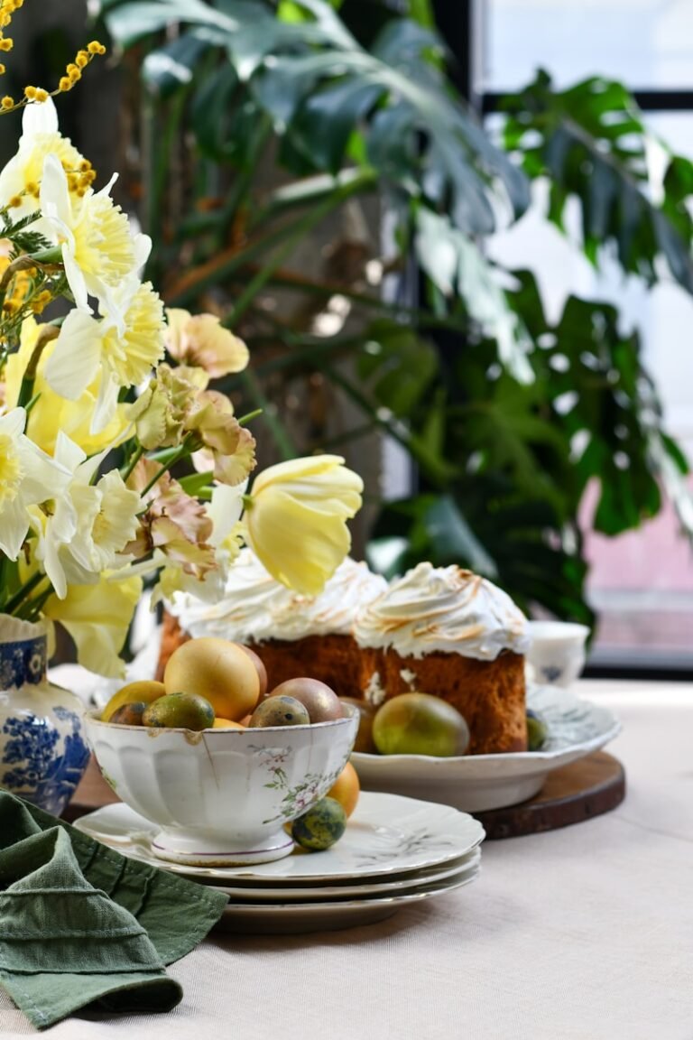 Easter cakes and painted eggs on a table