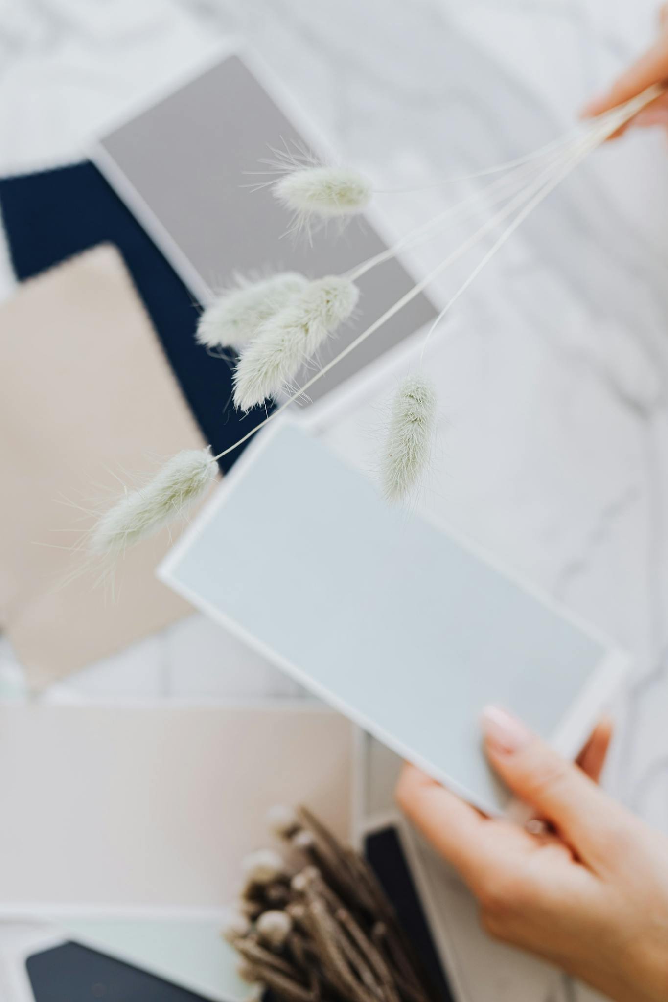 A close-up of hands arranging color swatches with dried flowers on a marble background.