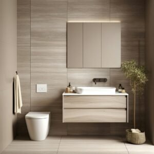 A bathroom with a toilet, sink and mirror
