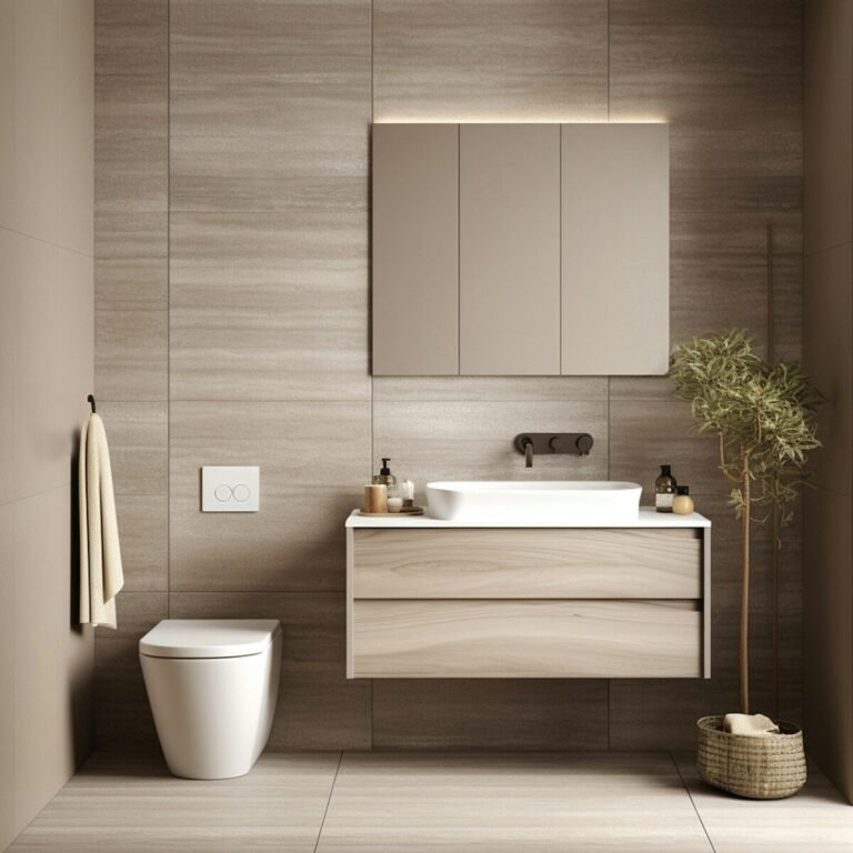 A bathroom with a toilet, sink and mirror